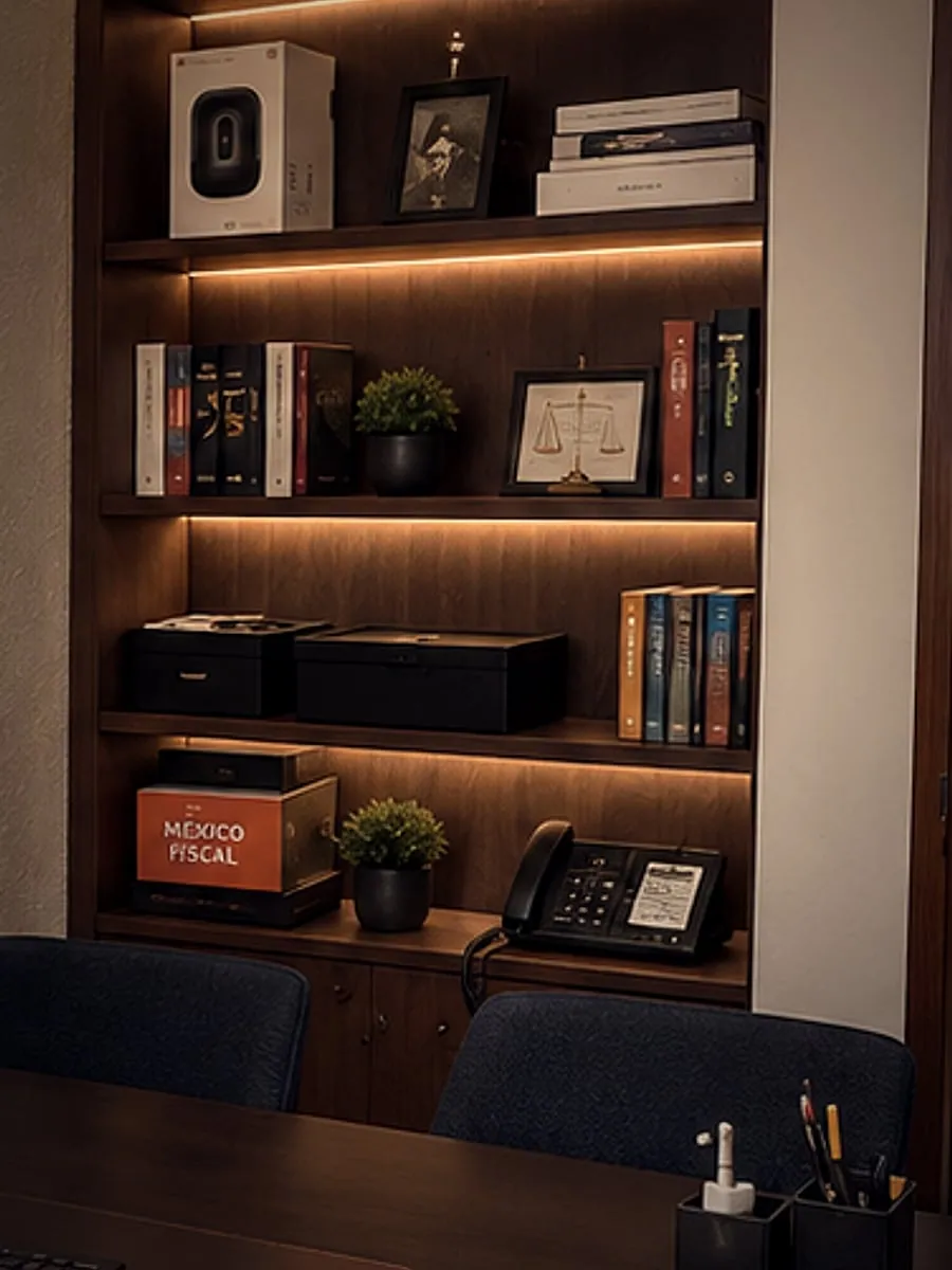 Librero con carpetas y libros de consulta en la oficina de GMG